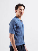 Men's Blue Casual Slim Fit Textured Half Sleeves Shirt