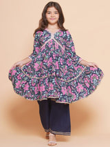 Girls Navy Blue Pink Floral Printed Kurta With Palazzos