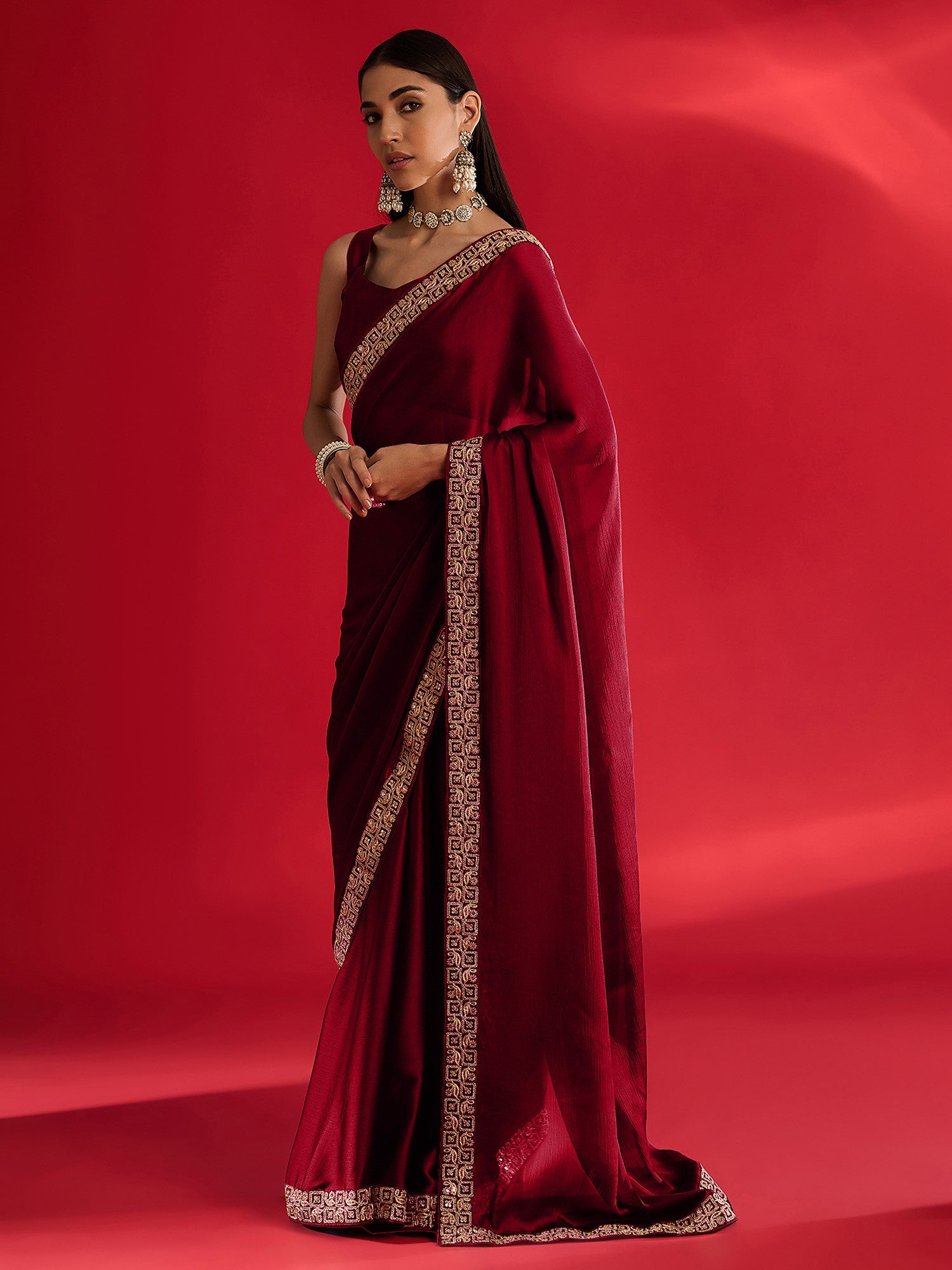 Women's Satin Red Embellished Designer Saree with Blouse Piece