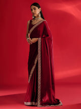 Women's Satin Red Embellished Designer Saree with Blouse Piece