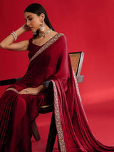 Women's Satin Red Embellished Designer Saree with Blouse Piece