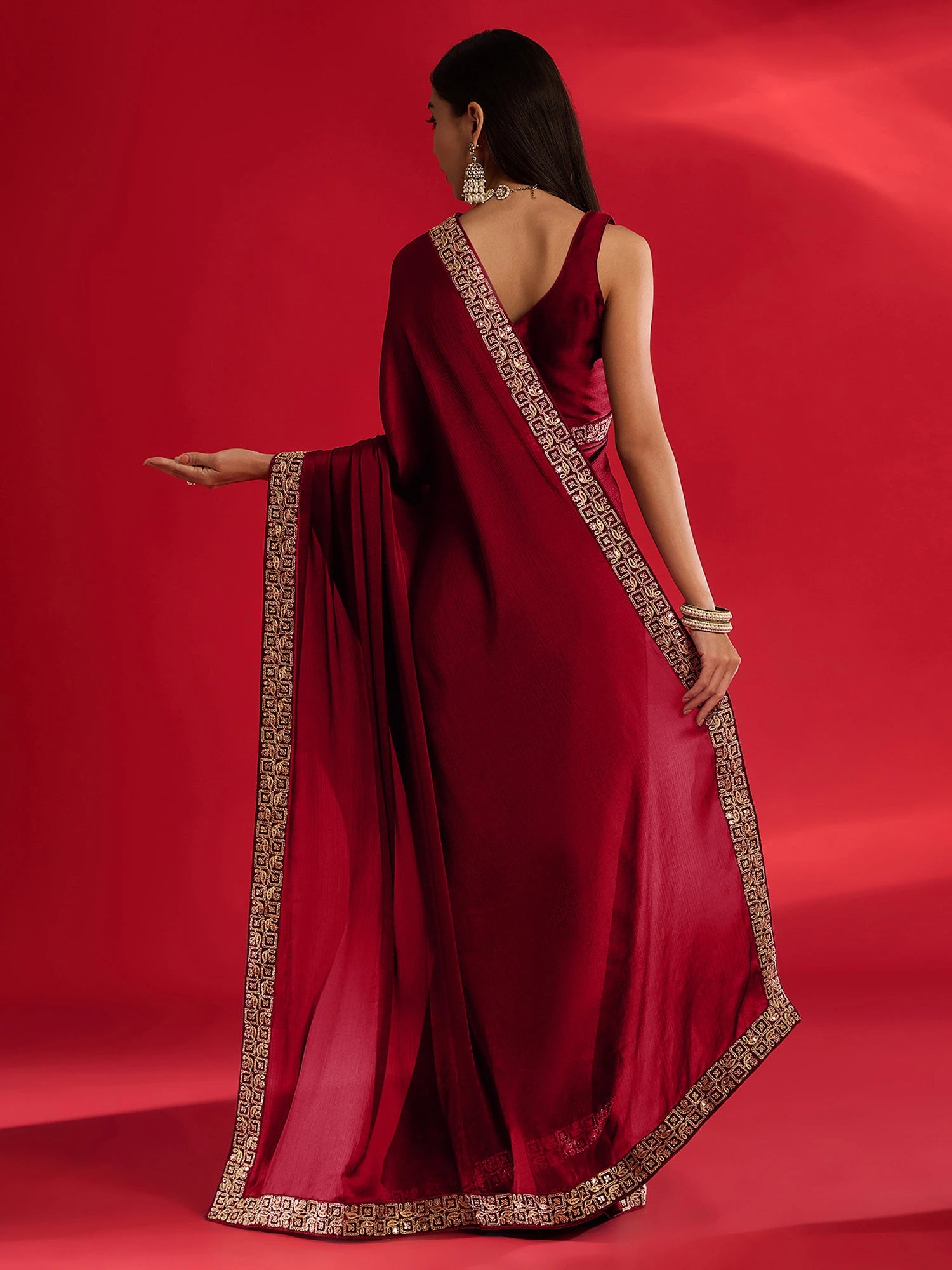 Women's Satin Red Embellished Designer Saree with Blouse Piece