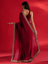 Women's Satin Red Embellished Designer Saree with Blouse Piece