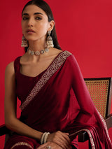 Women's Satin Red Embellished Designer Saree with Blouse Piece