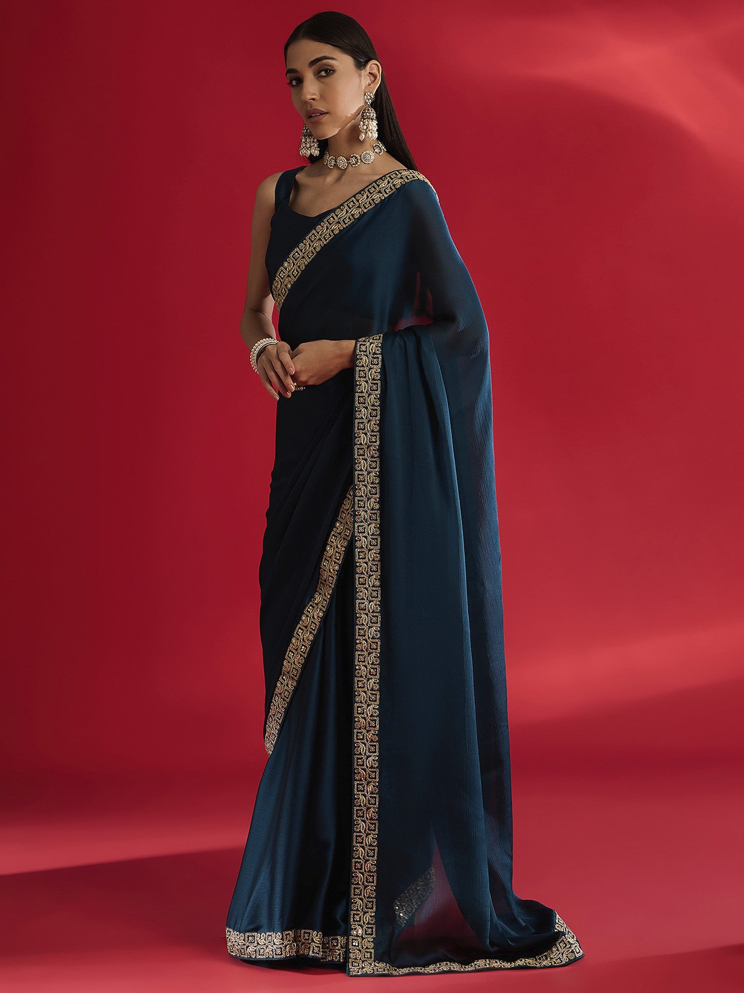 Women's Satin Blue Embellished Designer Saree with Blouse Piece