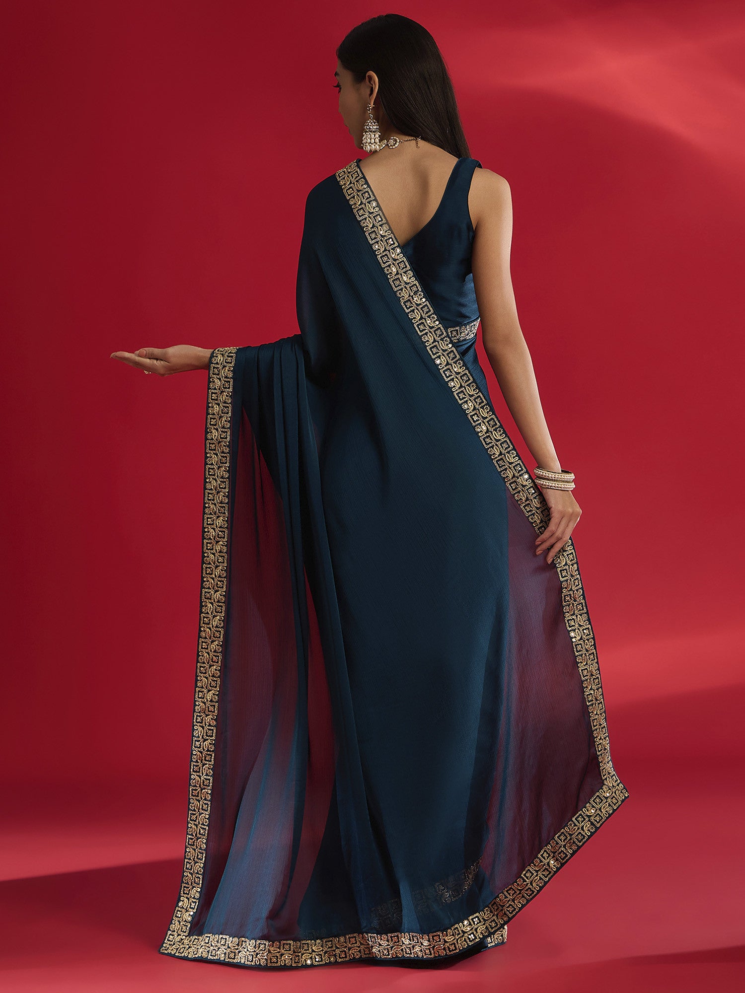 Women's Satin Blue Embellished Designer Saree with Blouse Piece