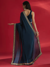 Women's Satin Blue Embellished Designer Saree with Blouse Piece