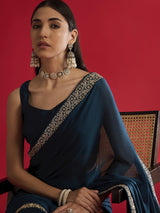 Women's Satin Blue Embellished Designer Saree with Blouse Piece