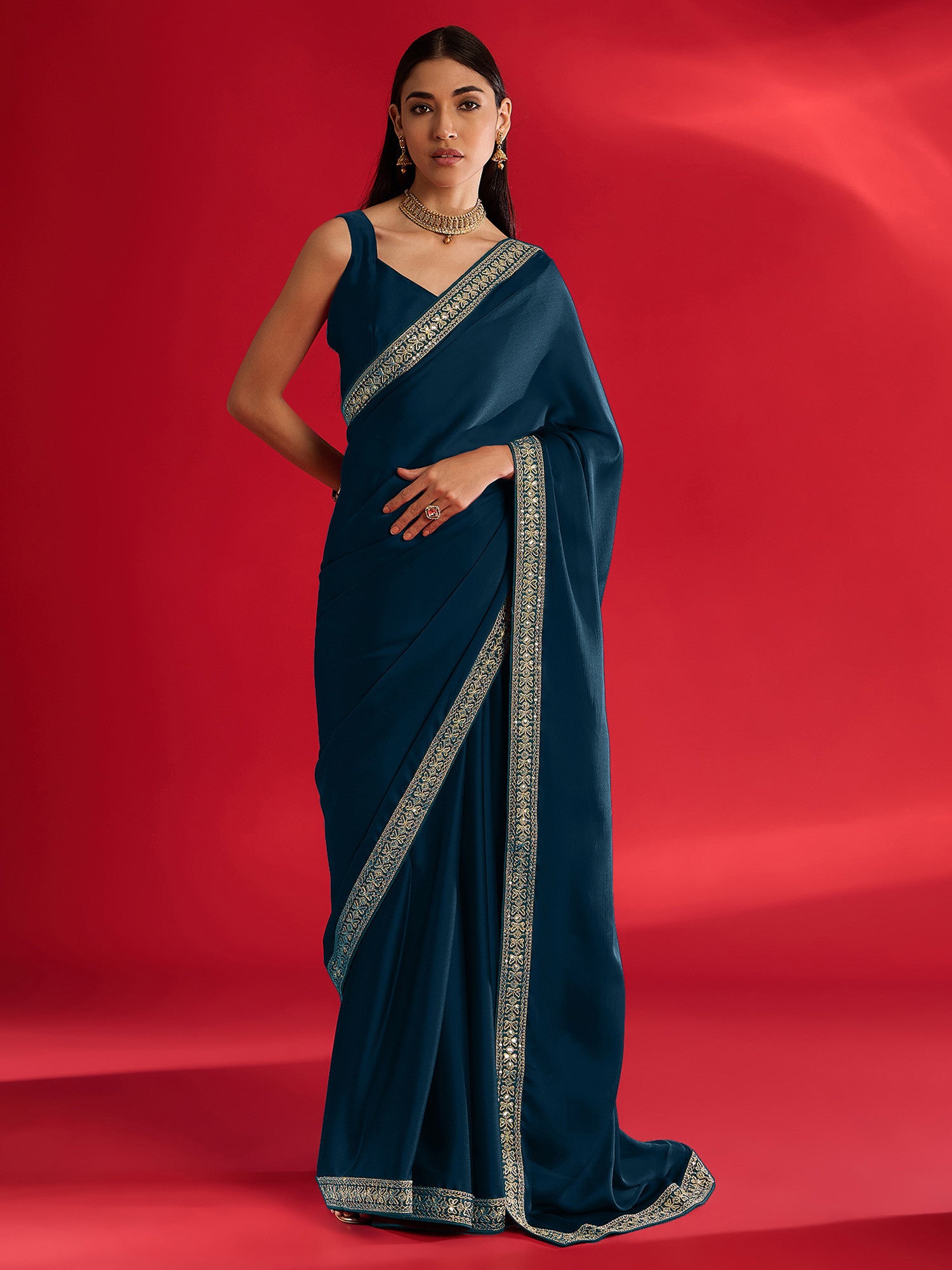 Women's Satin Blue Embellished Designer Saree with Blouse Piece