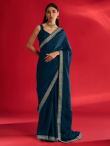 Women's Satin Blue Embellished Designer Saree with Blouse Piece