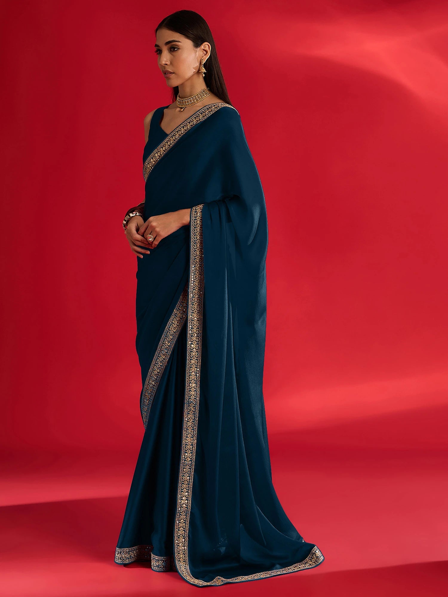 Women's Satin Blue Embellished Designer Saree with Blouse Piece