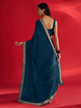 Women's Satin Blue Embellished Designer Saree with Blouse Piece