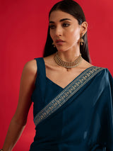 Women's Satin Blue Embellished Designer Saree with Blouse Piece