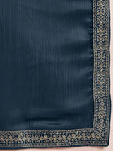 Women's Satin Blue Embellished Designer Saree with Blouse Piece