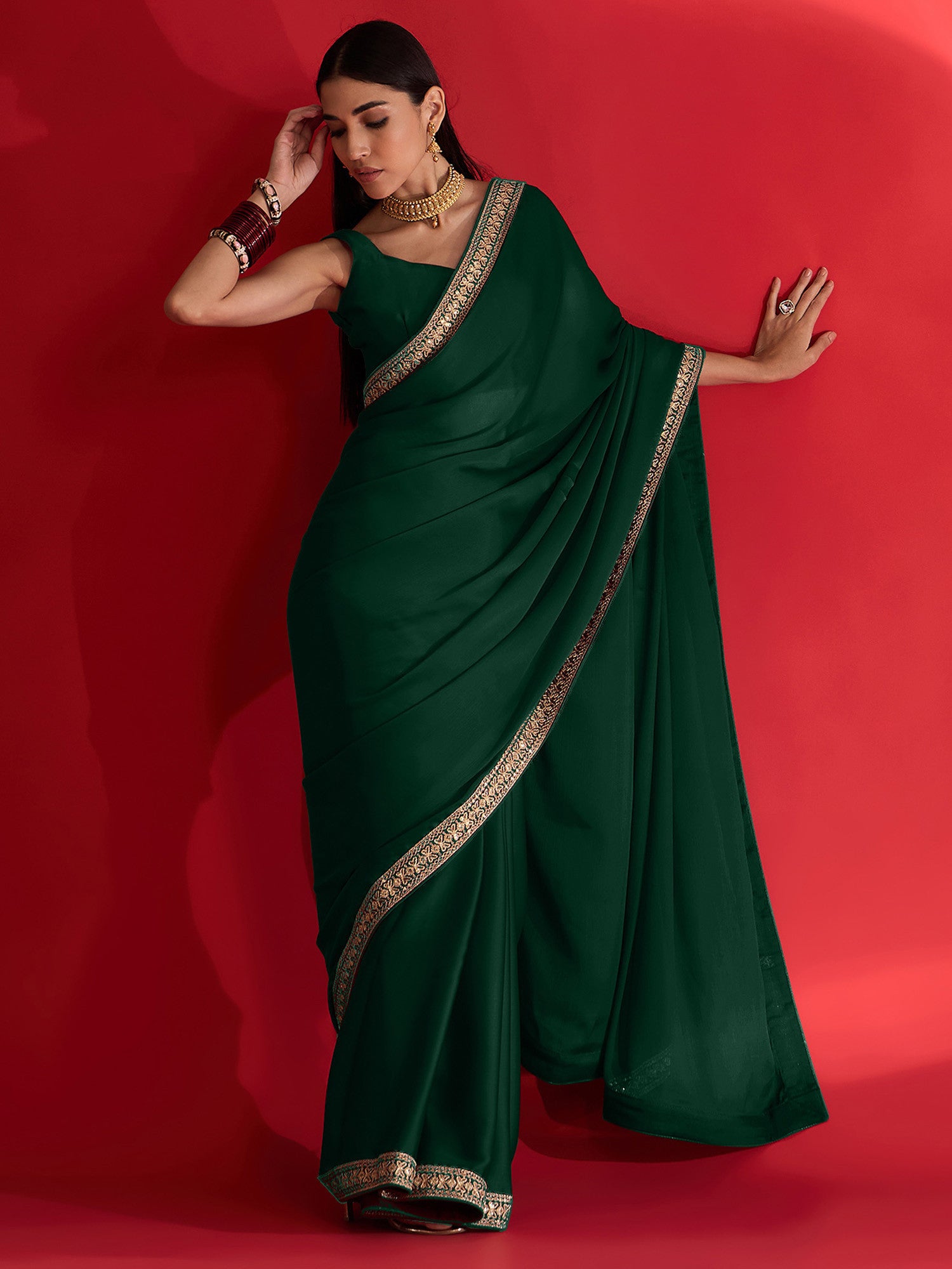 Women's Satin Green Embellished Designer Saree with Blouse Piece
