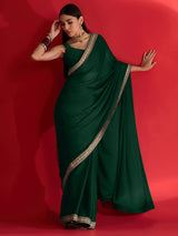 Women's Satin Green Embellished Designer Saree with Blouse Piece