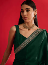 Women's Satin Green Embellished Designer Saree with Blouse Piece