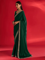 Women's Satin Green Embellished Designer Saree with Blouse Piece