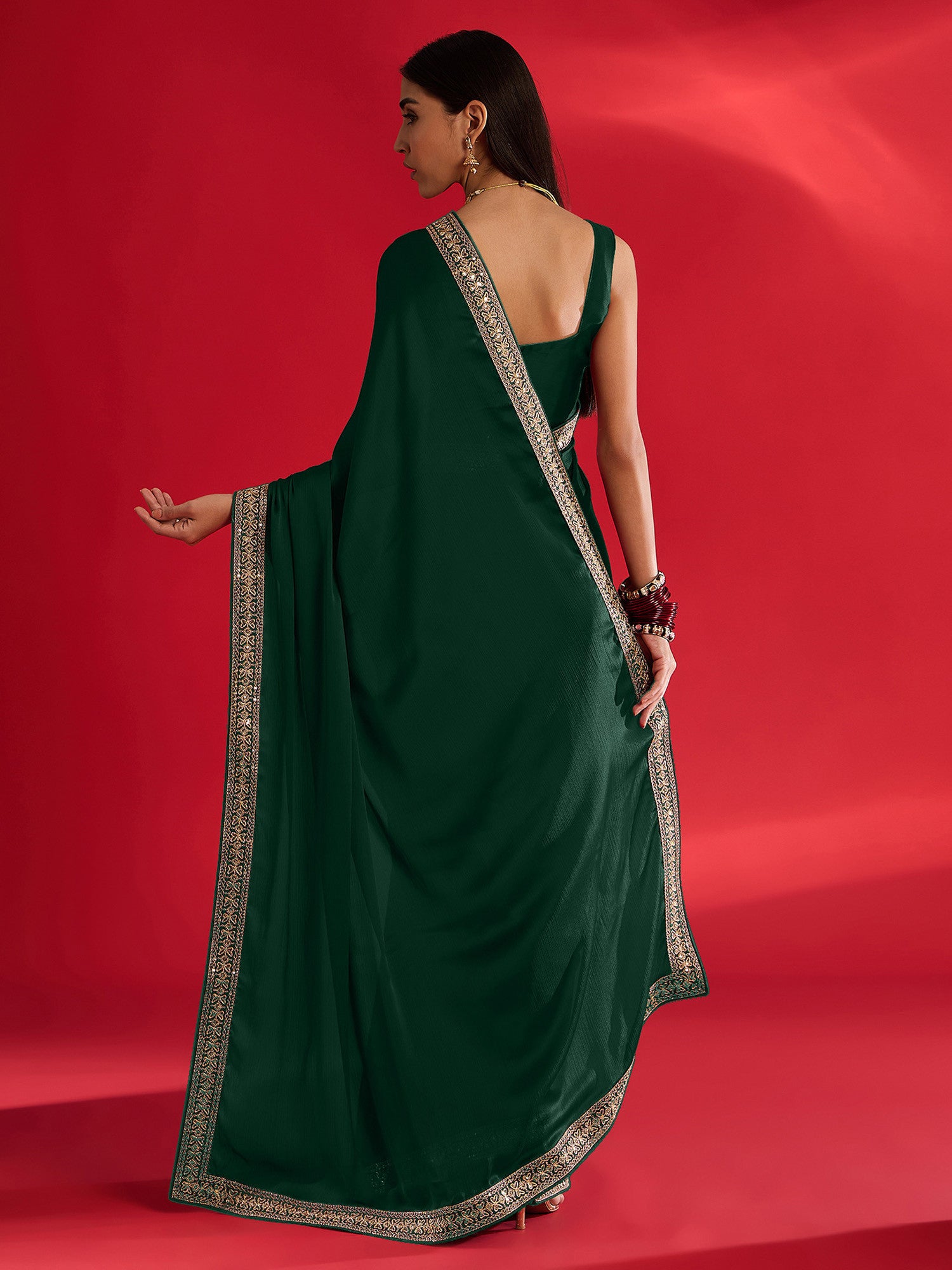 Women's Satin Green Embellished Designer Saree with Blouse Piece
