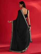 Women's Satin Black Embellished Designer Saree with Blouse Piece