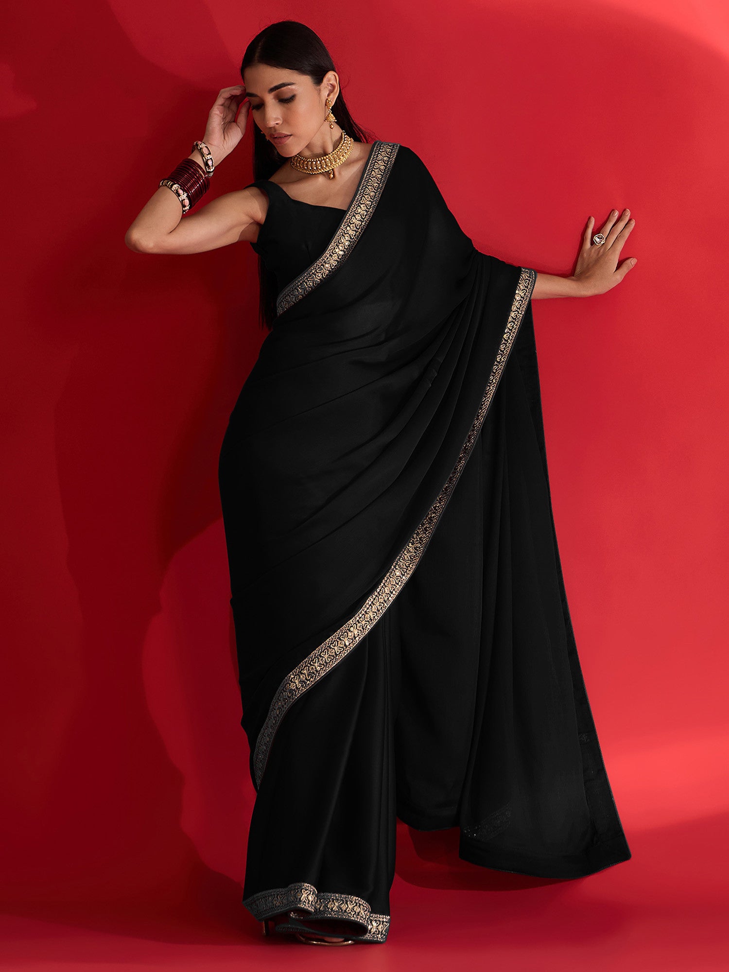 Women's Satin Black Embellished Designer Saree with Blouse Piece