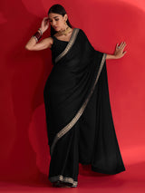 Women's Satin Black Embellished Designer Saree with Blouse Piece