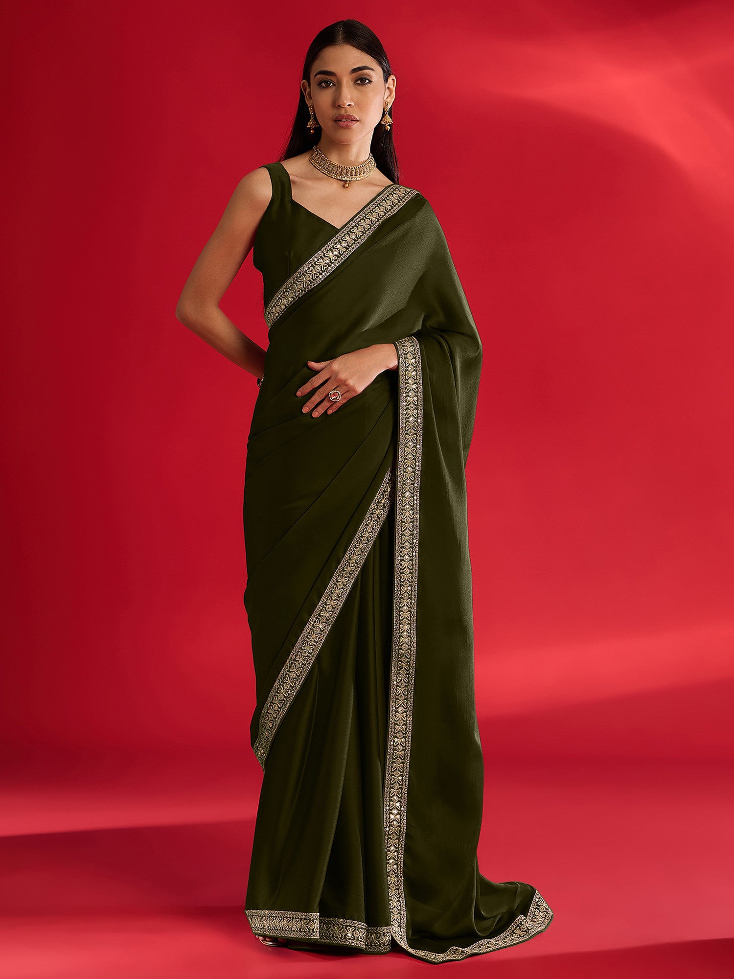 Women's Satin Green Embellished Designer Saree with Blouse Piece