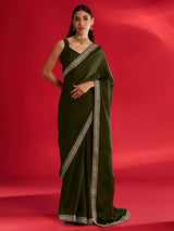 Women's Satin Green Embellished Designer Saree with Blouse Piece