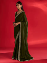 Women's Satin Green Embellished Designer Saree with Blouse Piece