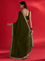 Women's Satin Green Embellished Designer Saree with Blouse Piece