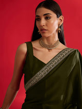 Women's Satin Green Embellished Designer Saree with Blouse Piece