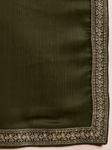 Women's Satin Green Embellished Designer Saree with Blouse Piece