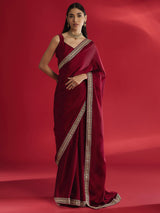 Women's Satin Red Embellished Designer Saree with Blouse Piece