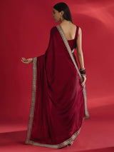 Women's Satin Red Embellished Designer Saree with Blouse Piece