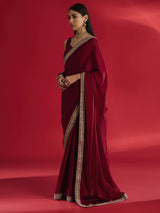 Women's Satin Red Embellished Designer Saree with Blouse Piece