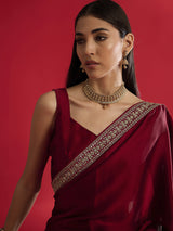 Women's Satin Red Embellished Designer Saree with Blouse Piece
