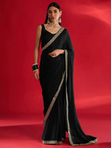 Women's Satin Black Embellished Designer Saree with Blouse Piece