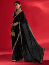 Women's Satin Black Embellished Designer Saree with Blouse Piece
