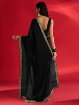 Women's Satin Black Embellished Designer Saree with Blouse Piece