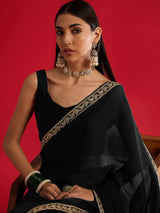 Women's Satin Black Embellished Designer Saree with Blouse Piece