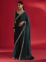 Women's Satin Blue Embellished Designer Saree with Blouse Piece