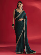 Women's Satin Blue Embellished Designer Saree with Blouse Piece