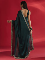 Women's Satin Blue Embellished Designer Saree with Blouse Piece