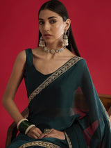 Women's Satin Blue Embellished Designer Saree with Blouse Piece