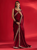 Women's Satin Red Embellished Designer Saree with Blouse Piece