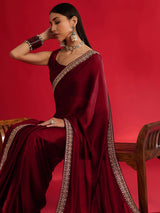 Women's Satin Red Embellished Designer Saree with Blouse Piece