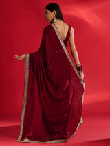 Women's Satin Red Embellished Designer Saree with Blouse Piece