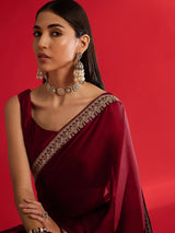 Women's Satin Red Embellished Designer Saree with Blouse Piece