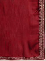 Women's Satin Red Embellished Designer Saree with Blouse Piece