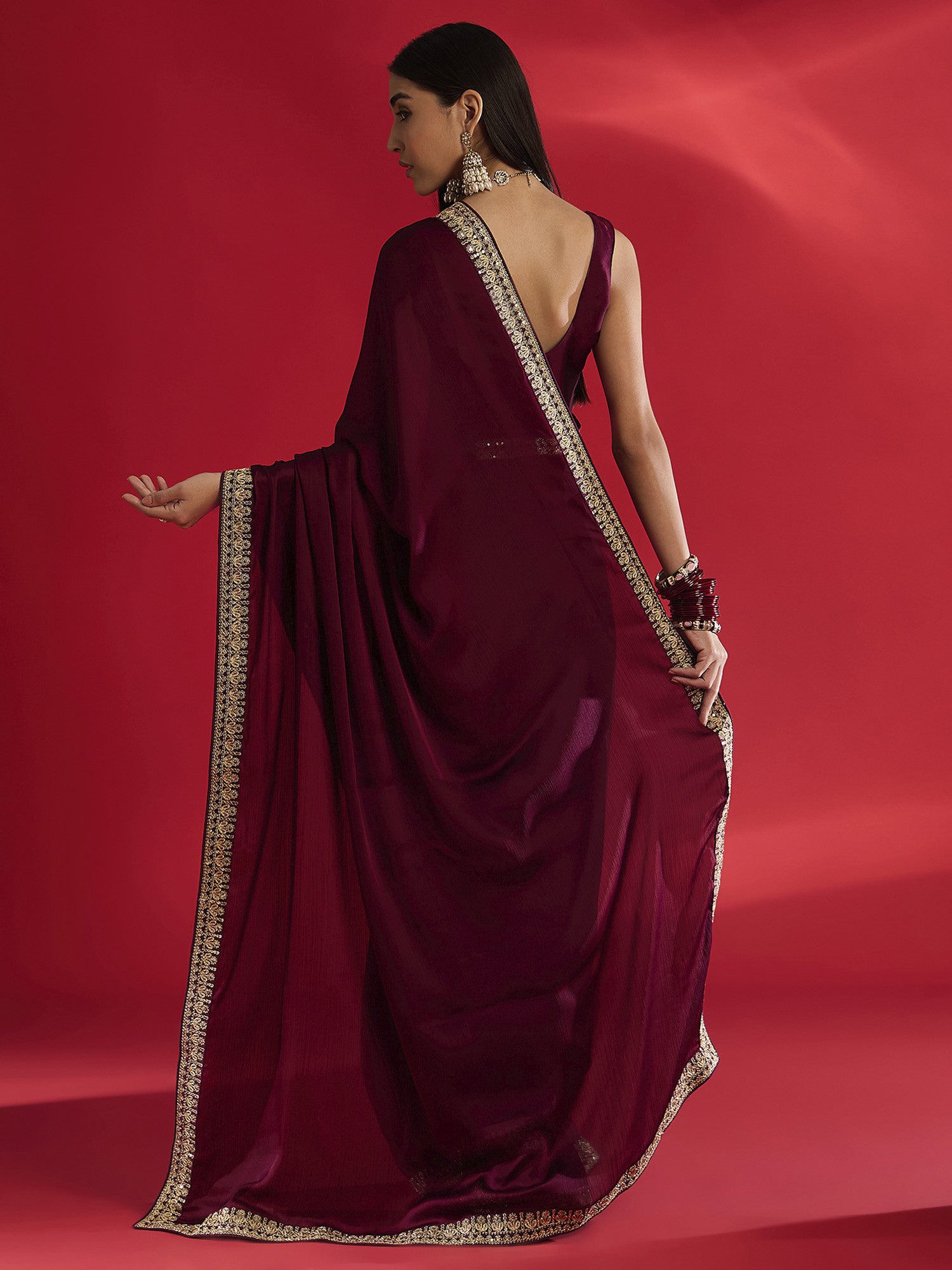 Women's Satin Pink Embellished Designer Saree with Blouse Piece